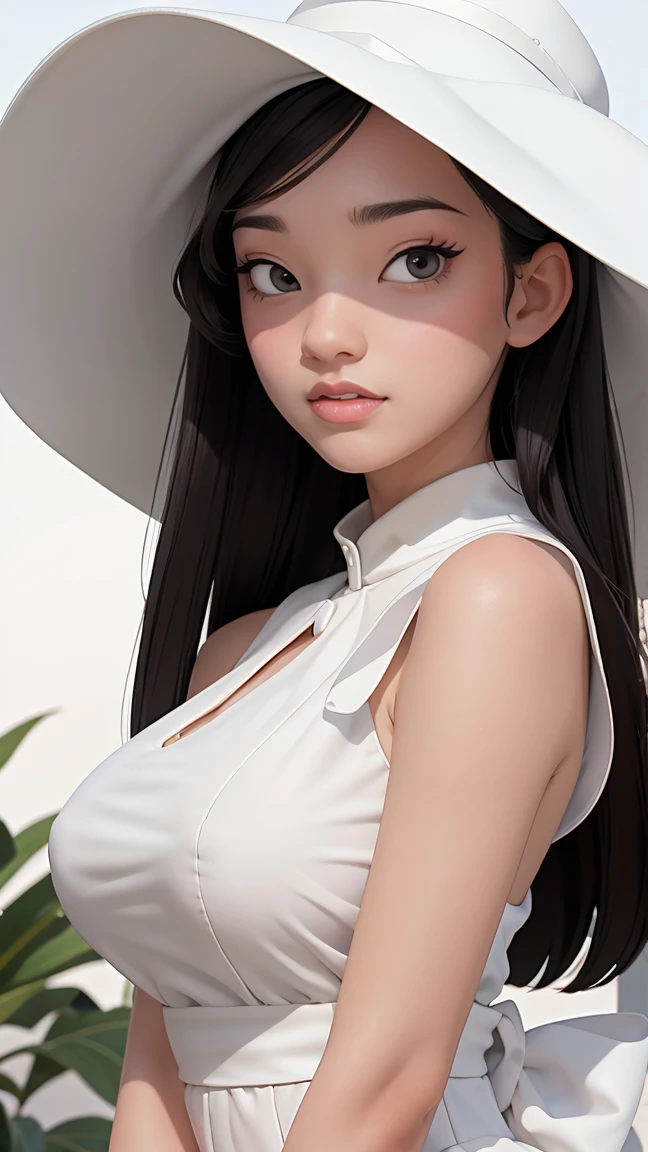 (best quality, masterpiece, perfect face) black hair, 18 years old pale girl, big bust, white sundress, big white hat