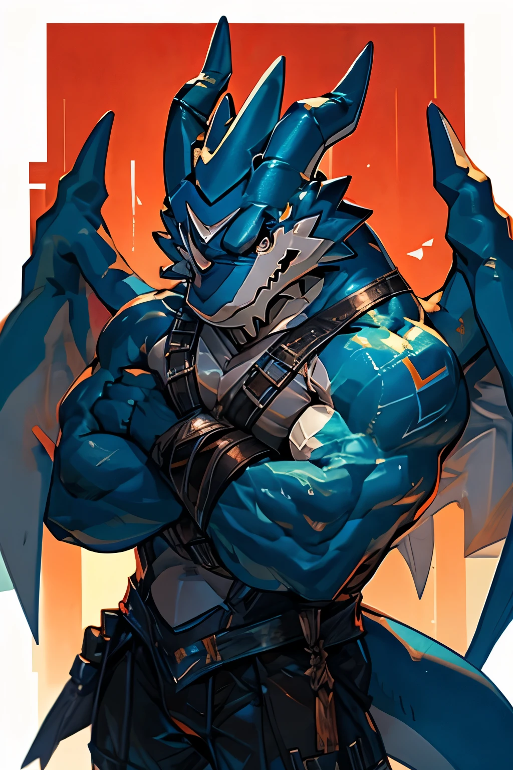 Exveemon from the Digimon series, muscular (2:1), subjugation pose, confident look, discreet smile, blue body, open wings, big sword, simple background, ultra quality, 4k, masterpiece