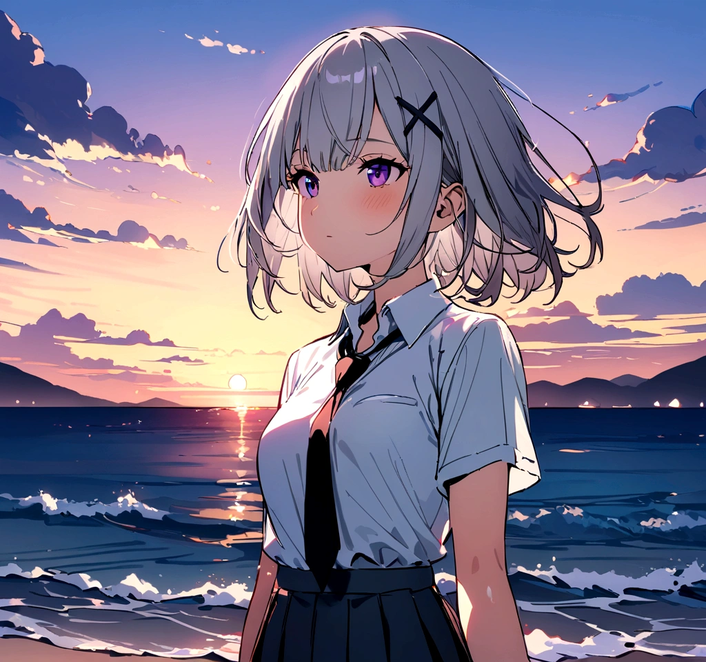 short hair, (Gray Hair:1.2), X Hair Ornament, Purple eyes,tie, girl,One person, Collared shirt, White shirt, Short sleeve, Pleated skirt, student, Highest quality, masterpiece, High resolution, summer,evening