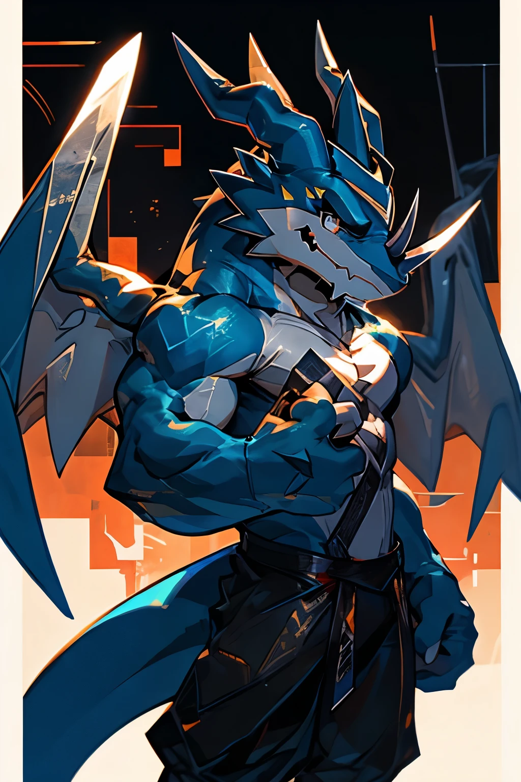 Exveemon from the Digimon series, muscular (2:1), subjugation pose, confident look, discreet smile, blue body, open wings, big sword, simple background, ultra quality, 4k, masterpiece