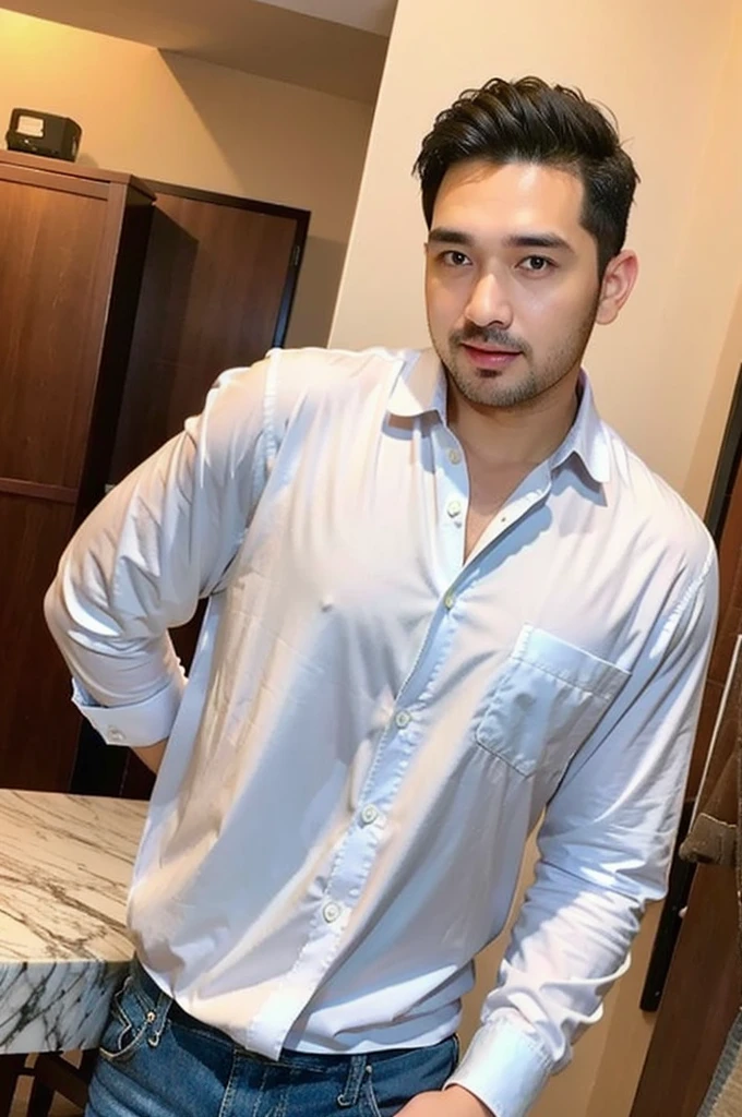 Masterpiece, best quality High resolution, realistic, handsome, beautifully photographed, syahnk SFW, 35 year old portrait. (man: 1.5) Military press, amazing weight, short buzzcut hair, stubby head. , (too much muscle ),look at the viewer,Flirting with the camera,charming (Tight white shirt ),(GS-Masculine:1), 8K  UHD , standing in the dining room,