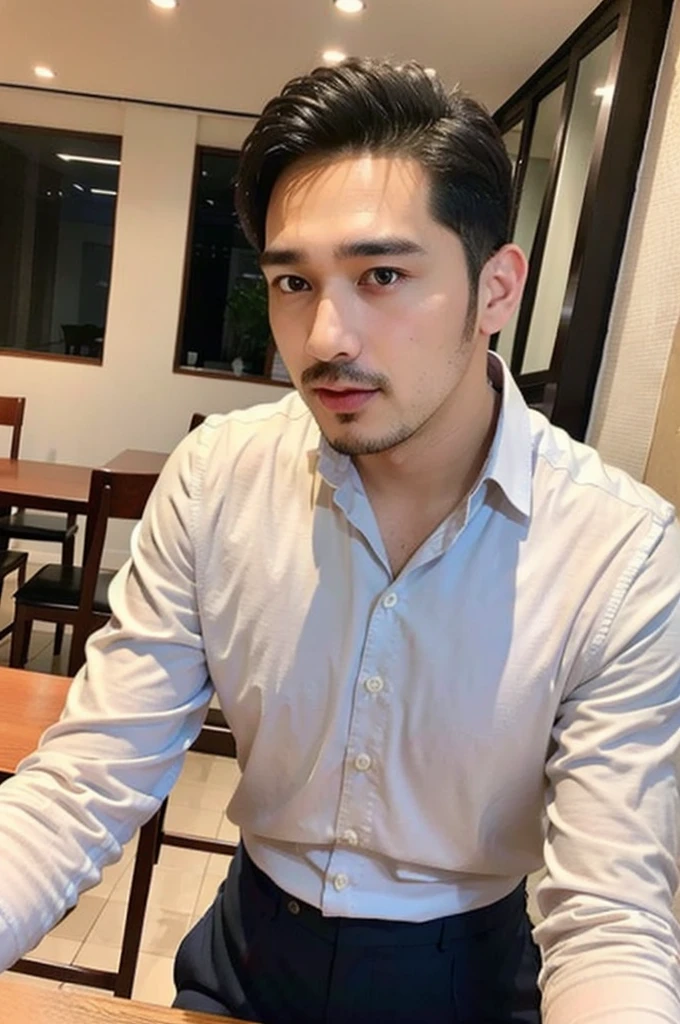 Masterpiece, best quality High resolution, realistic, handsome, beautifully photographed, syahnk SFW, 35 year old portrait. (man: 1.5) Military press, amazing weight, short buzzcut hair, stubby head. , (too much muscle ),look at the viewer,Flirting with the camera,charming (Tight white shirt ),(GS-Masculine:1), 8K  UHD , standing in the dining room,