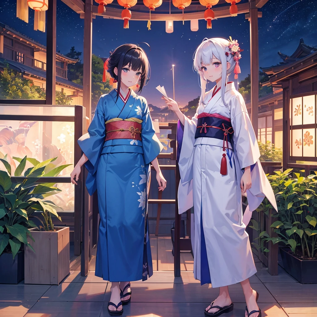 Tanabata in the night sky　Girls and men in Chinese style kimonos（lover）　Bamboo forest and paper strips　Have shaved ice　restaurant　Multiple display monitors in the background（anime　）　Aquarium（Goldfish）