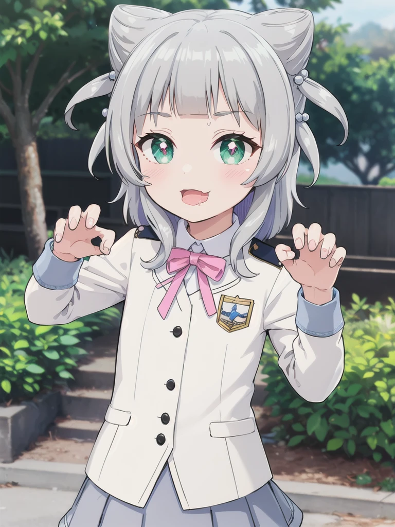 Outdoor,((the way)),, 1girl,Green Eyes, Grey Hair, hair ornaments, bangs, Virtual YouTuber,smile,heart shaped pupils, blunt bangs, Double Bang, Animal ears, Flat Chest,uniform,Navy Blue Blazer,White shirt,Pink ribbon,Grey Skirt,,(claw pose),Open your mouth wide,upper body,Dripping saliva