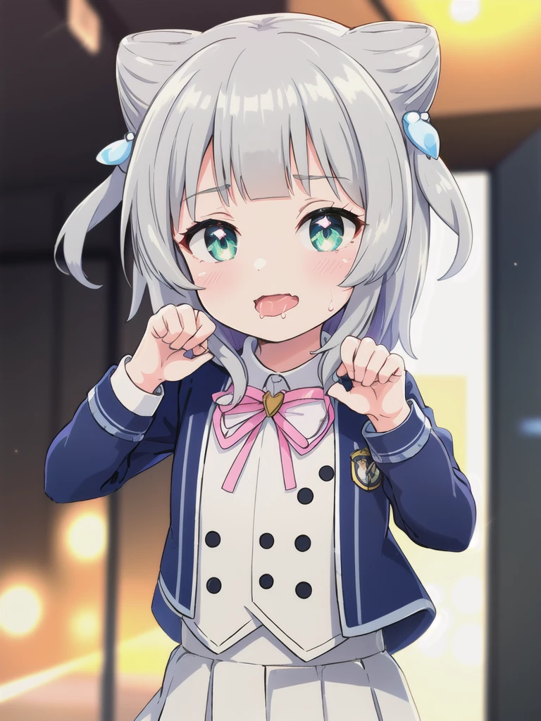 Outdoor,((the way)),, 1girl,Green Eyes, Grey Hair, hair ornaments, bangs, Virtual YouTuber,smile,heart shaped pupils, blunt bangs, Double Bang, Animal ears, Flat Chest,uniform,Navy Blue Blazer,White shirt,Pink ribbon,Grey Skirt,,(claw pose),Open your mouth wide,upper body,Dripping saliva
