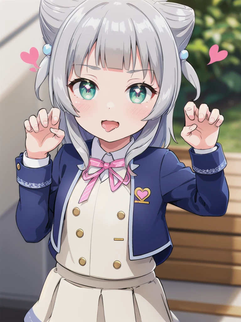 Outdoor,((the way)),, 1girl,Green Eyes, Grey Hair, hair ornaments, bangs, Virtual YouTuber,smile,heart shaped pupils, blunt bangs, Double Bang, Animal ears, Flat Chest,uniform,Navy Blue Blazer,White shirt,Pink ribbon,Grey Skirt,,(claw pose),Open your mouth wide,upper body,Dripping saliva