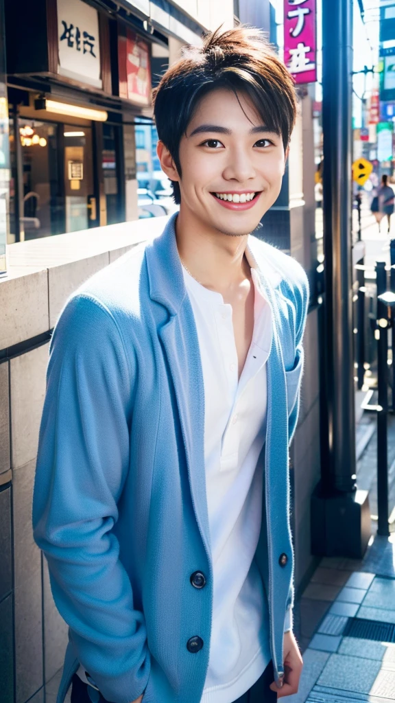 high resolution,４K,Charm、Japanese、Vibrant urban background,The charming smile of a cool man in his 20s。Define your face from the shoulders up。With confidence and flexibility、It has an eye-catching appeal。