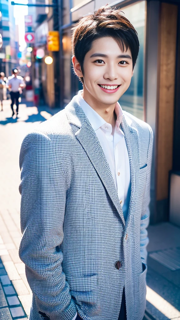 high resolution,4K,Charm、Japanese、Vibrant urban background,The charming smile of a cool man in his 20s。Define your face from the shoulders up。With confidence and flexibility、It has an eye-catching appeal。