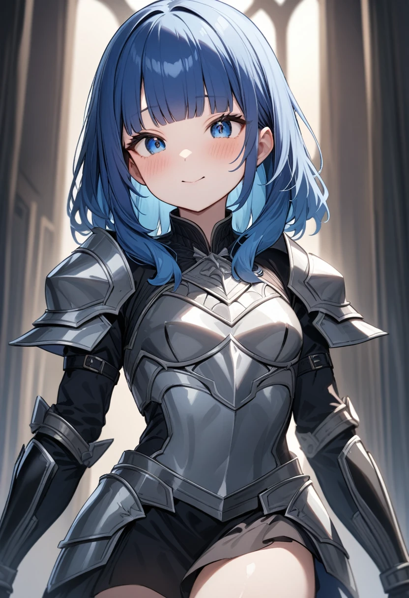 (masterpiece, top quality, very aesthetic, super detailed), intricate detail, 1girl,stand、upper body:1.3、
kind eyes、tareme:1.4,Hollow Eyes:1.3、Cute Face、blue hair:1.5、middle hair,sidelock :1.4,blunt bangs:1.3,blue eyes:1.2、clear face:1.5、solo、chromium metal black :1.5 ,small breasts,waist-cape armor:1.5 Leg guard、armored dress、Princess Knight:1.5、Slim Body(),Shiny Hair、