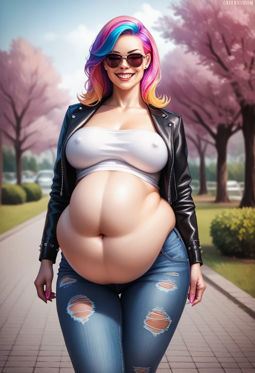 photorealistic, ultra realistic,3D, artstation, cgsociety, 8 k,
award winning photography of a beautiful woman walking at  the park, (fashion), (multi color hair:1.2), cheekbones, detailed face, Bejeweled,  a nice long leather jacket, torn jeans, topless, (exquisitely detailed skin, perfect anatomy, wide hips, smooth midriff, thigh gap), sunglasses
colorful, vibrant, huge belly, massive belly, large belly, enormous belly