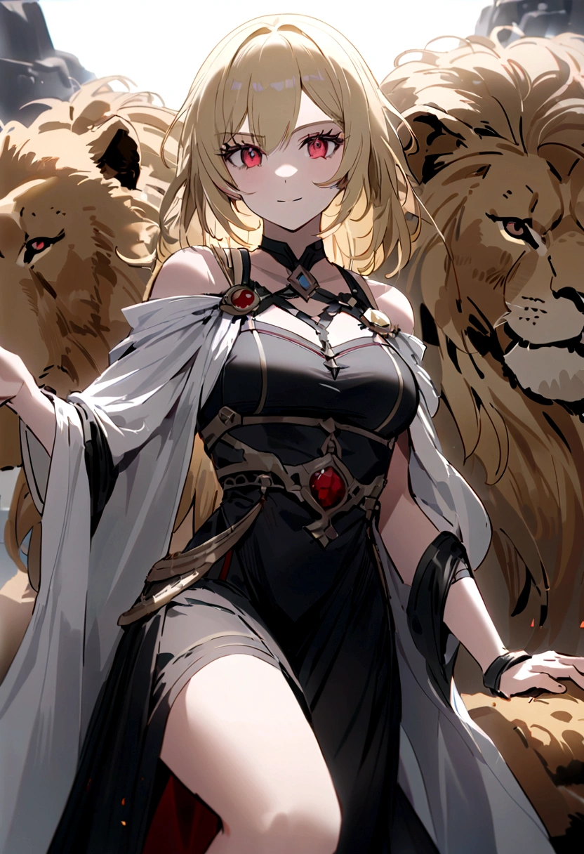 （Huang Li、high quality、Extremely detailed），Constellation - Goddess Leo，Giant lion，Woman petting a lion，Similar to Latin goodness，brave，capricious，Productivity，The face of enterprising and humanitarianism，Blonde hair，Ancient Greek costumes、Wrap Dress，The background is the ocean，Crystal red eyes（Eyes Details），Powerful appearance