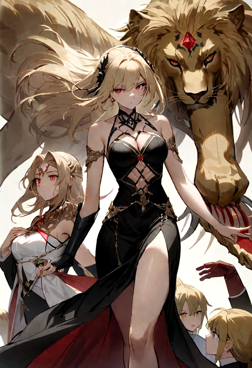 （Huang Li、high quality、Extremely detailed），Constellation - Goddess Leo，Giant lion，Woman petting a lion，Similar to Latin goodness，brave，capricious，Productivity，The face of enterprising and humanitarianism，Blonde hair，Ancient Greek costumes、Wrap Dress，The background is the ocean，Crystal red eyes（Eyes Details），Powerful appearance