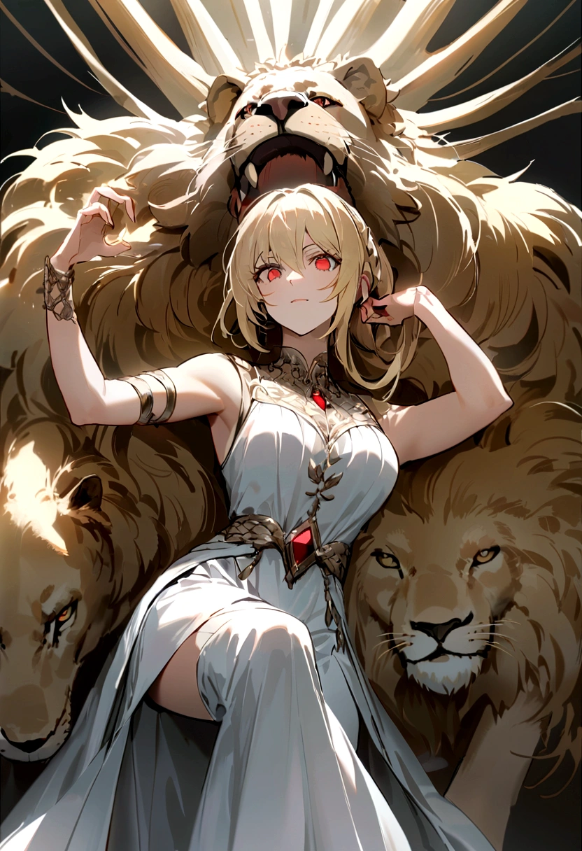 (Huang Li、high quality、Extremely detailed),Constellation - Goddess Leo,Giant lion,Woman petting a lion,Similar to Latin goodness,brave,capricious,Productivity,The face of enterprising and humanitarianism,Blonde hair,Ancient Greek costumes、Wrap Dress,The background is the ocean,Crystal red eyes(Eyes Details),Powerful appearance