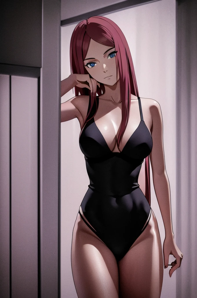 masterpiece, best quality, highres, adult woman,milf, nishikino maki, purple eyes,red hair, in bar, standing, arms behind back,looking at viewer, sexy,(lips:0.6),fishnet bodysuit, leotard,thighs gab,ass visible through thighs, llchar, cowboy shot,(solo),neck collar,skin tight,milfication ,mature female ,milf