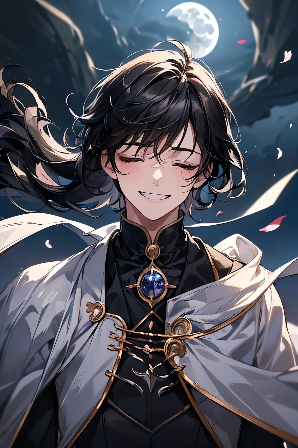 (Mastepiece), (Best Quality), Very detailed, (1 boy,solo),Shooting from below,Perfect Face, Beautiful Face, Very detailed顔,(Black Hair:1.3),(Happy Face:1.4),(Close your eyes and laugh:1.3),(Hair blowing in the wind:1.4),It seems like it will disappear,(moonlight:1.3),ephemeral,Petals flutter