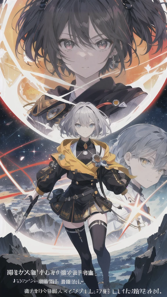 ((highest quality)), ((masterpiece)), ((detailed)), A manga anime cover with high quality. Central persistent girl character with bright eyes, determination, and a black aura around her, in a conflict pose. Distorted view of the earth in the background. Title: "Solara Eclipse: A Corrupção do Destino".