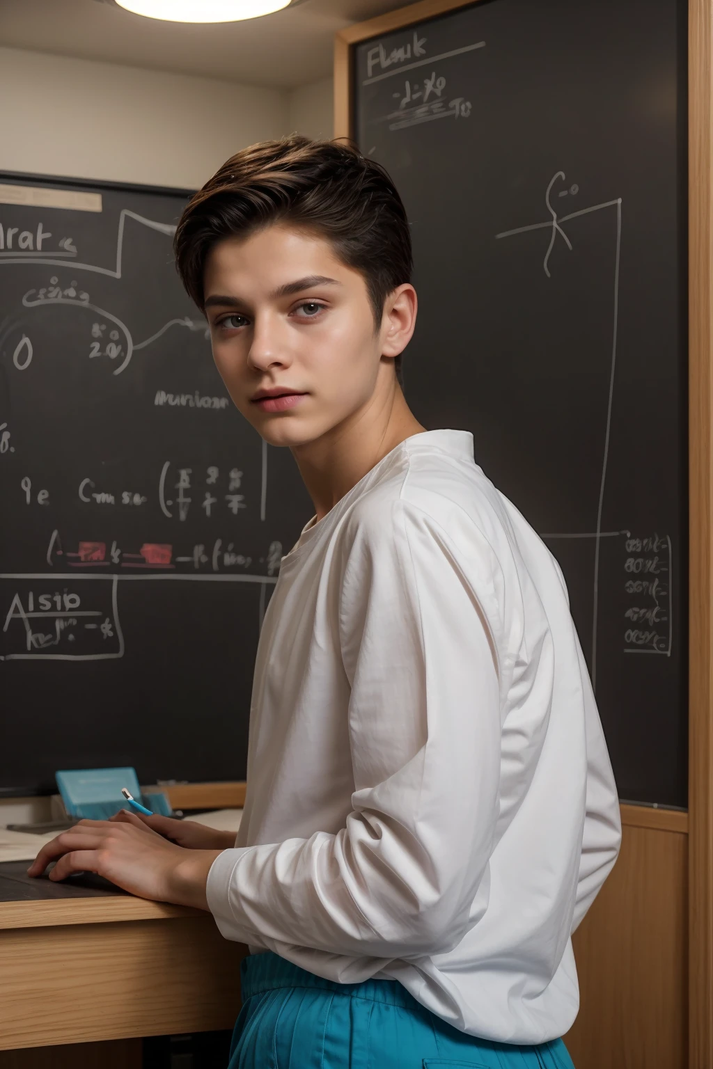 Beautiful young twink with a face with red makeup.    He has black hair.    He is wearing a white long-sleeved shirt and aqua blue pants.    He is in his scientific office, and behind him is a blackboard on which the shape of the brain and its anatomy are written in precision and detail.  He looks proudly
