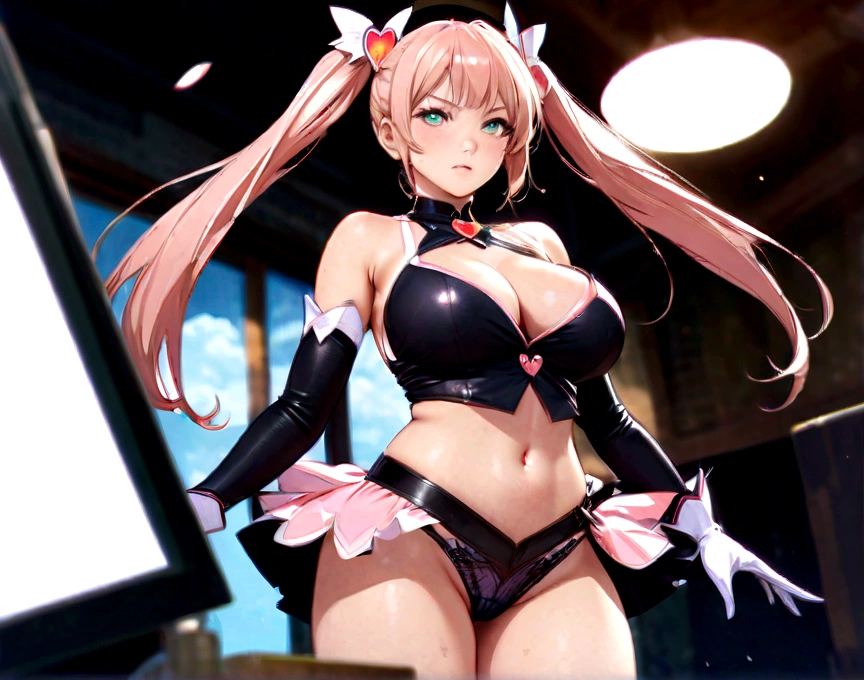 (large number of women), (multiple women), NSFW, collarbone, absurd, brainwashed, combatant, hollow eyes, ((purple glowing eyes 1.5)), expressionless, emotion removed, ((black shadaloo suit)), looking away, full body shape, ((standing up, saluting)), (highest quality, 4k, 8K, high resolution, requires: 1.2), ultra detailed, (realistic, looks real, looks real: 1.37), ticker, hyper hd, studio lighting, ultra detailed paint, sharp focus, physically based rendering, extreme detail, professional, vividness and color, blurry, sports portrait, landscape, horror style, anime big, anime giant, sci-fi, photography, concept artist, five fingers, perfect body, {{{masterpiece}}}, {{{highest quality}}}, {{ultra detailed}}, {{shape}, {{very delicate and beautiful}}, value for money, all roles, Canon 5D MK4 photo, photo, masutepiece, nffsw, shader, highest quality, elementary school student, (((magical girl outfit))), standing image, ratex, tight long gloves, long boots, pigtails, long hair, pink hair, belly button exposed, hands holding skirt, black lace panties, upskirt, (NSFW: 0.8), super big breasts, body type (girl body type, big breasts only), young girl, big breasts