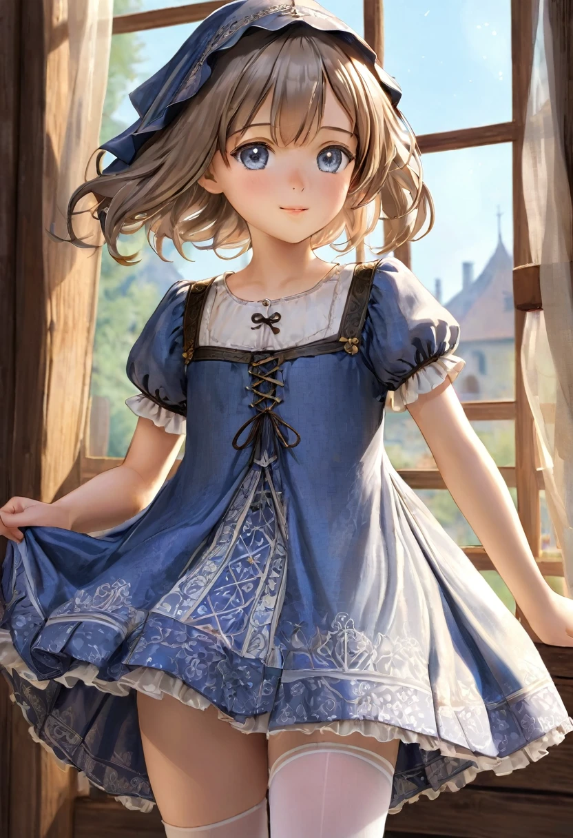 masterpiece, best quality, 1girl, looking at viewer, evil smile, blue sky, twintails, cute dress, hand on hip