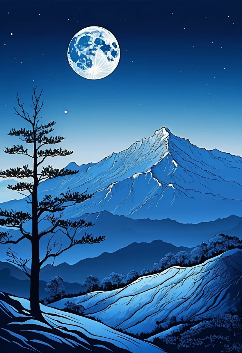 landscape illustration of blue mountain with big moon and clear sky, with tree