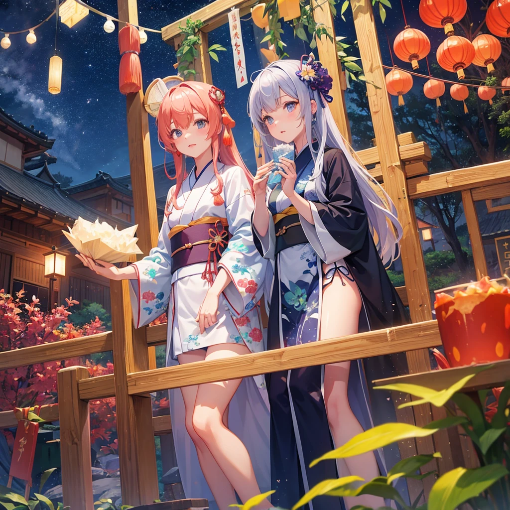 Tanabata in the night sky　Girls and men in Chinese style kimonos（lover）　Bamboo forest and paper strips　Have shaved ice　restaurant　Multiple display monitors in the background（anime　）　Aquarium（Goldfish）