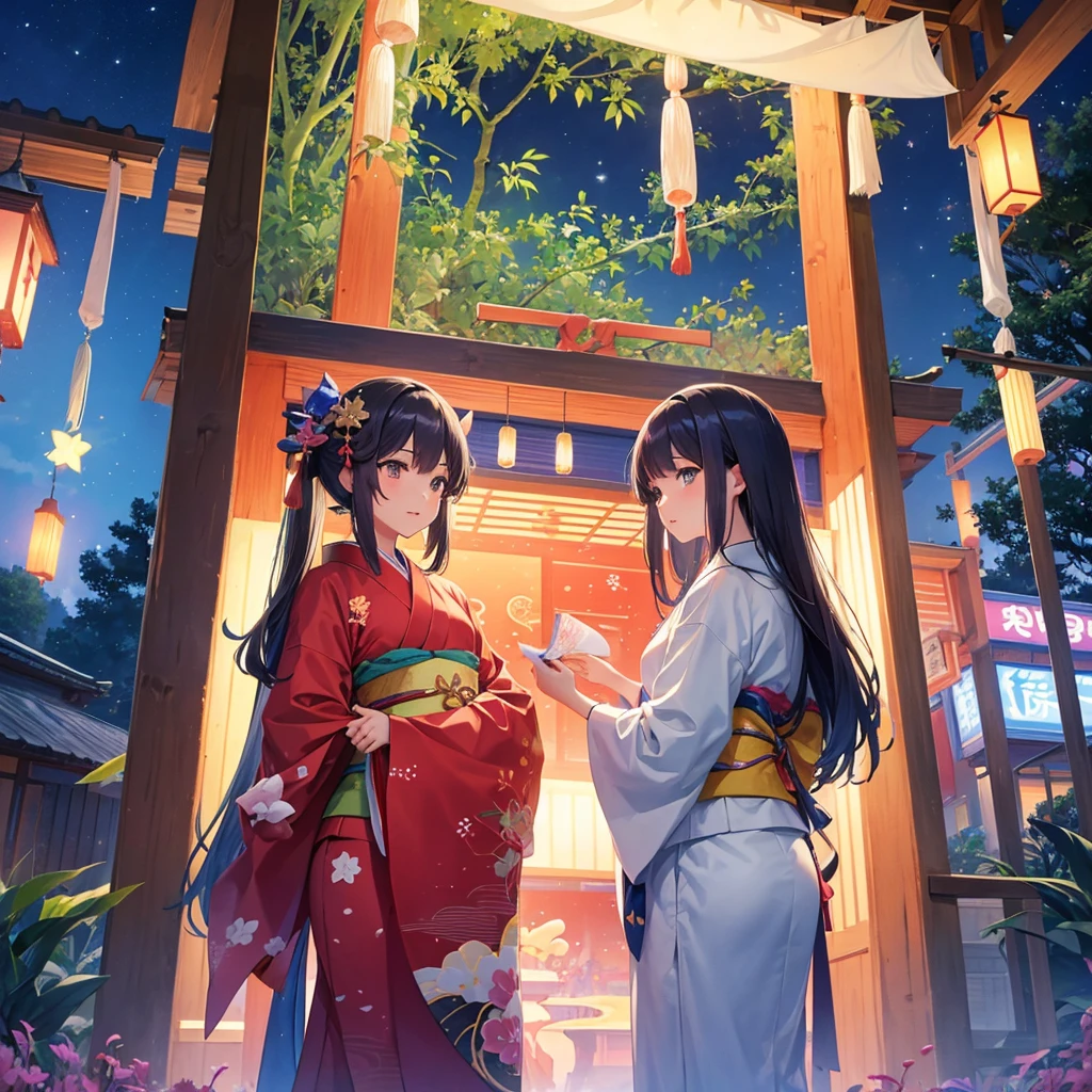 The illustration depicts a fantastic and romantic scene against the backdrop of the Tanabata night sky. The Milky Way flows in the starry night sky, and bamboo leaves decorated with strips of paper are swaying in the gentle breeze. In the foreground are two figures relaxing and looking up at the night sky, as they sit on a bench or in the grass and talk about their wishes for each other. The overall color scheme is a gradation of soft blues and purples, creating a quiet, magical atmosphere. The illustration evokes the special night of Tanabata, making the viewer feel romantic and dreamy." Masterpiece, top quality, super fine, super detailed, 4K, 8K, ((clearly drawn face)), (beautiful detailed eyes, super detailed skin)), feet firmly visible under chair