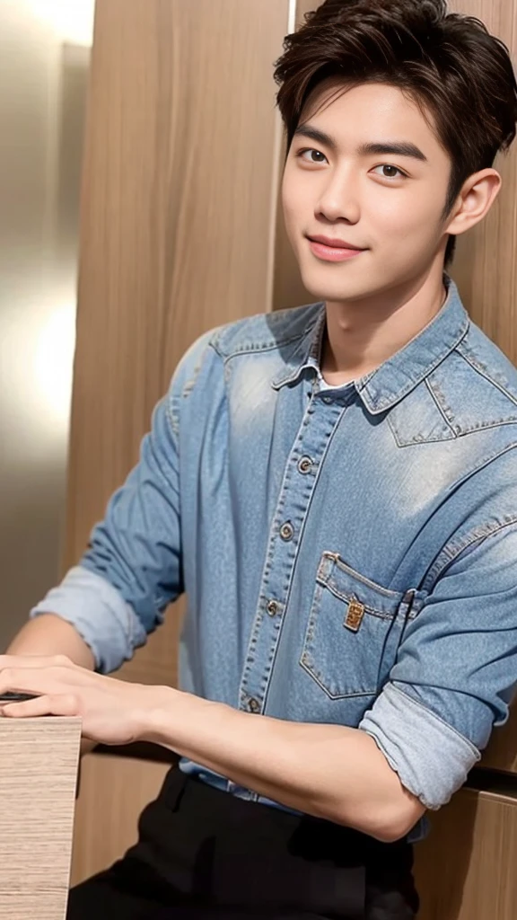 male handsome 20-year-old handsome guy,looking to the camera,frontage,high qulity,, ยิ้ม, ,มุมกว้าง สวมเสื้อโปโลสีดำ