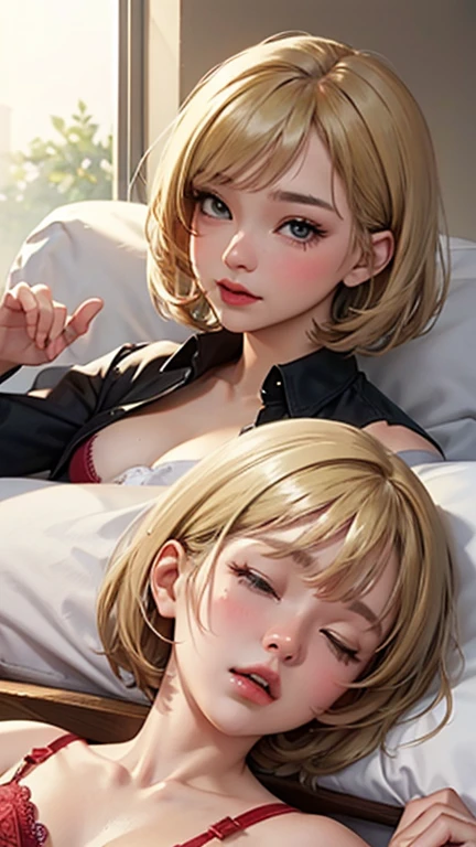 ((Browsing Caution:1.4, masterpiece, Highest quality, High resolution, 超High resolution, Pixel perfect, Written boundary depth, 4K, RTTX10.0, High resolution))), One Girl, single, alone, she, Beautiful Anime Girls, Beautiful art style, Anime characters, (((((short hair、Blonde、lure、joy))))), ((Beautiful eyelashes)), ((Detailed face, Blushing:1.2)), ((Smooth texture:0.75, Realistic texture:0.5, Anime CG Style)), ((Beautiful and large breasts, Cleavage)), indoor, Bedroom, Dynamic Angle, Big Breasts, Perfect body, Underarm, ((Sleeping in bed, (Sleep on your back:1.5), sleepy, close your eyes, Lying in bed, Sleeping posture, Wake up)), ((close, throw, cute, Shoot the body, Sighing expression)), ((red bra color, Red Lingerie)), (Natural light, Reflection of light, Morning Scenery), Embarrassed expression, (Expression of sexual pleasure:1.8), (Expression of unbearable pain:1.2), The expression of someone who is holding back from going to the toilet, twist, Raise your hand