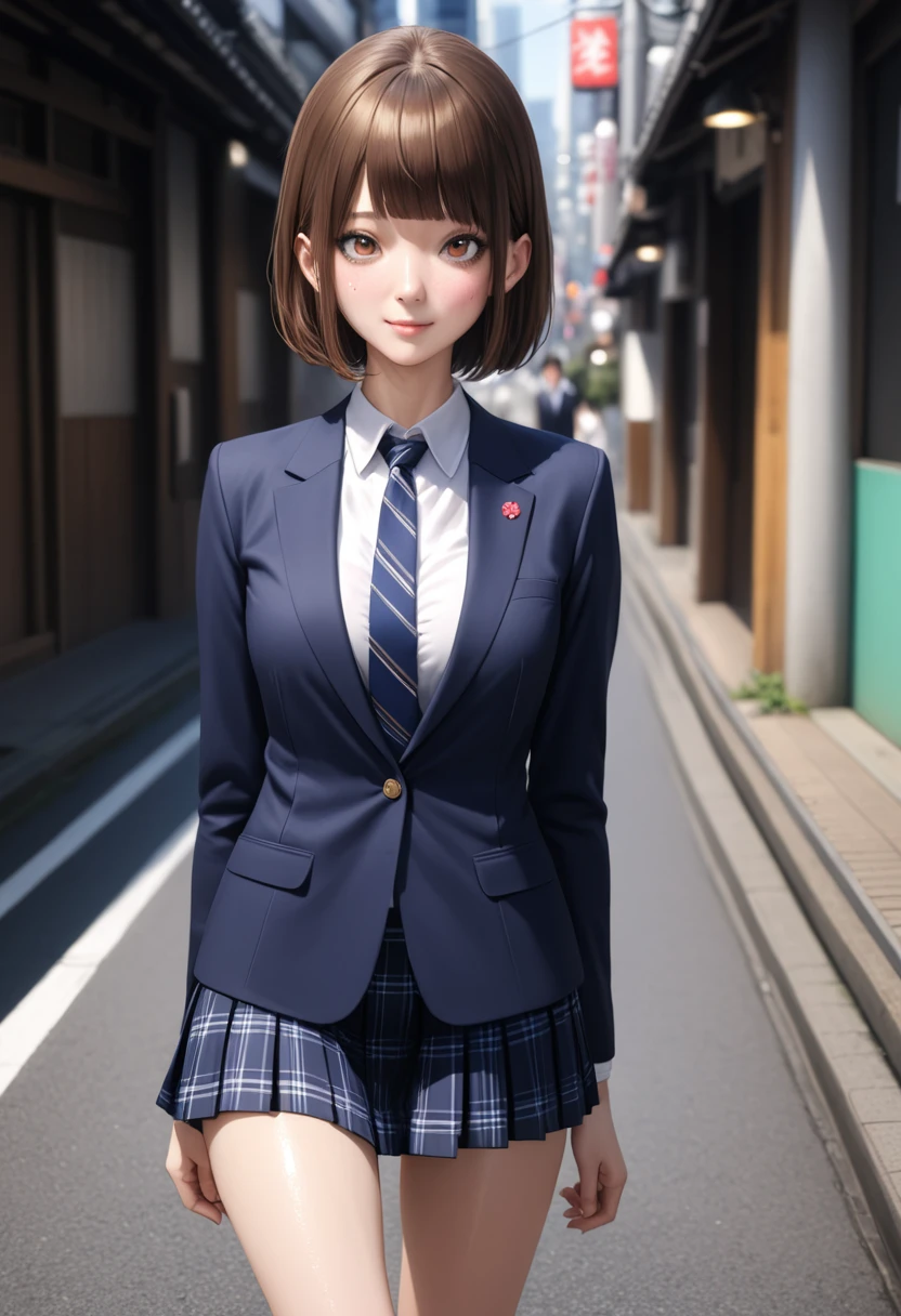 ((realistic)),(masterpiece,Highest quality:1.3,best quality illustration),cowboy shot,1woman,20 year old Japanese beauty,very small head,(short bob brown hair),bangs,brown eyes,gorgeous eyes,blush,smile,.medium breasts,((very long body:1.3)),toned body,slender body,skinny:1.3,(School uniform、Dark blue blazer jacket、White shirt、Navy blue tie、Dark blue plaid pleated mini skirt),gleaming skin,shiny skin,sweat,standing,on street、Tokyo,