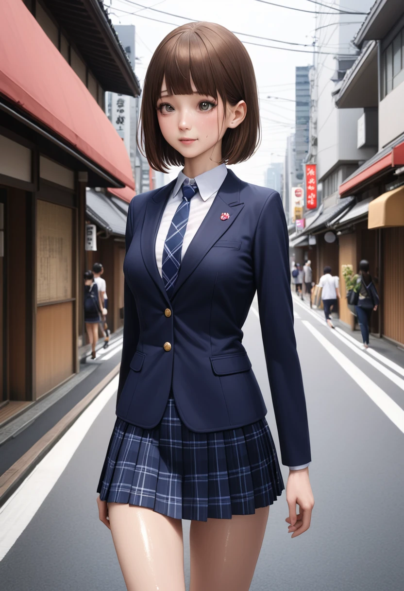 ((realistic)),(masterpiece,Highest quality:1.3,best quality illustration),cowboy shot,1woman,20 year old Japanese beauty,very small head,(short bob brown hair),bangs,brown eyes,gorgeous eyes,blush,smile,.medium breasts,((very long body:1.3)),toned body,slender body,skinny:1.3,(School uniform、Dark blue blazer jacket、White shirt、Navy blue tie、Dark blue plaid pleated mini skirt),gleaming skin,shiny skin,sweat,standing,on street、Tokyo,