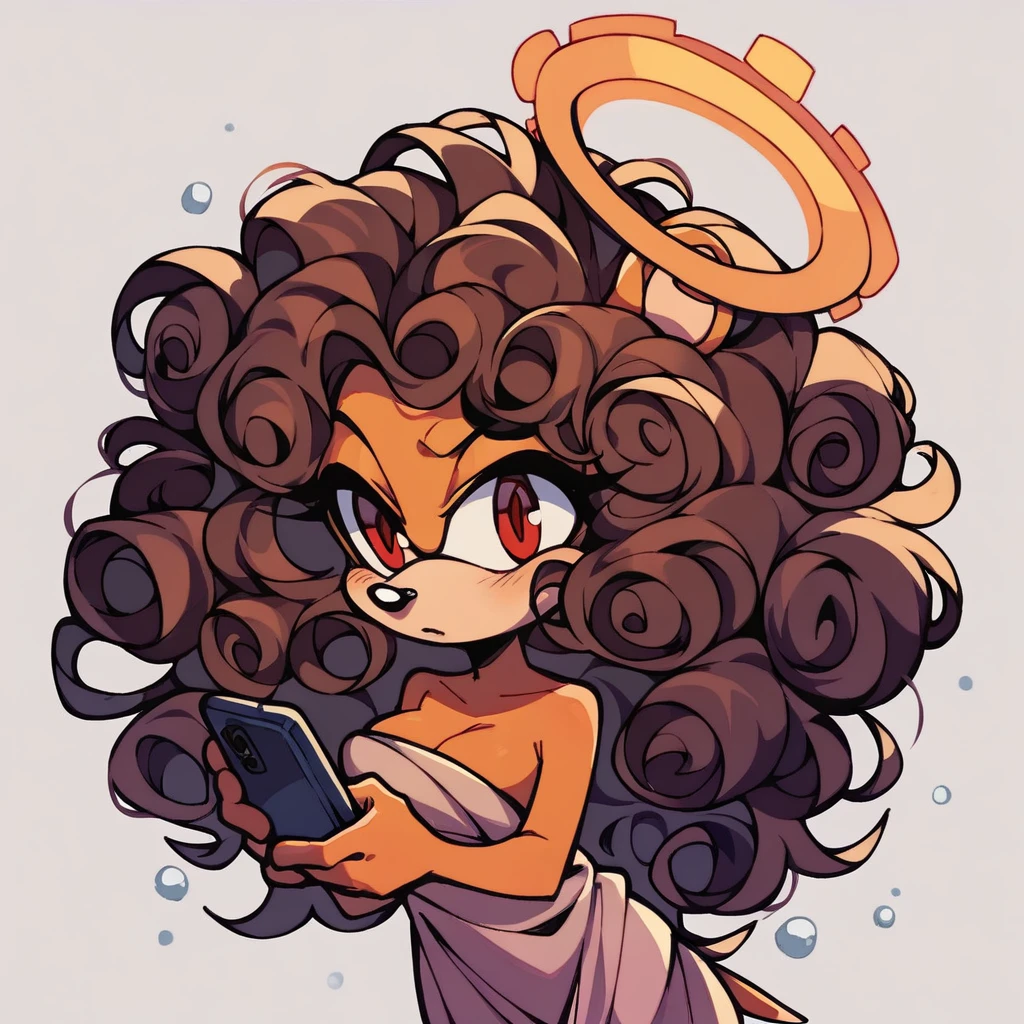 (score_9, score_8_up), solo, mobian, hedgehog, two-tone fur ((orange fur, brown fur)), wrapped in towel, medium breasts, two-tone hair (brown hair, black tip)), curly hair, halo, red eyes, longeyelashes, red eyes, holding phone