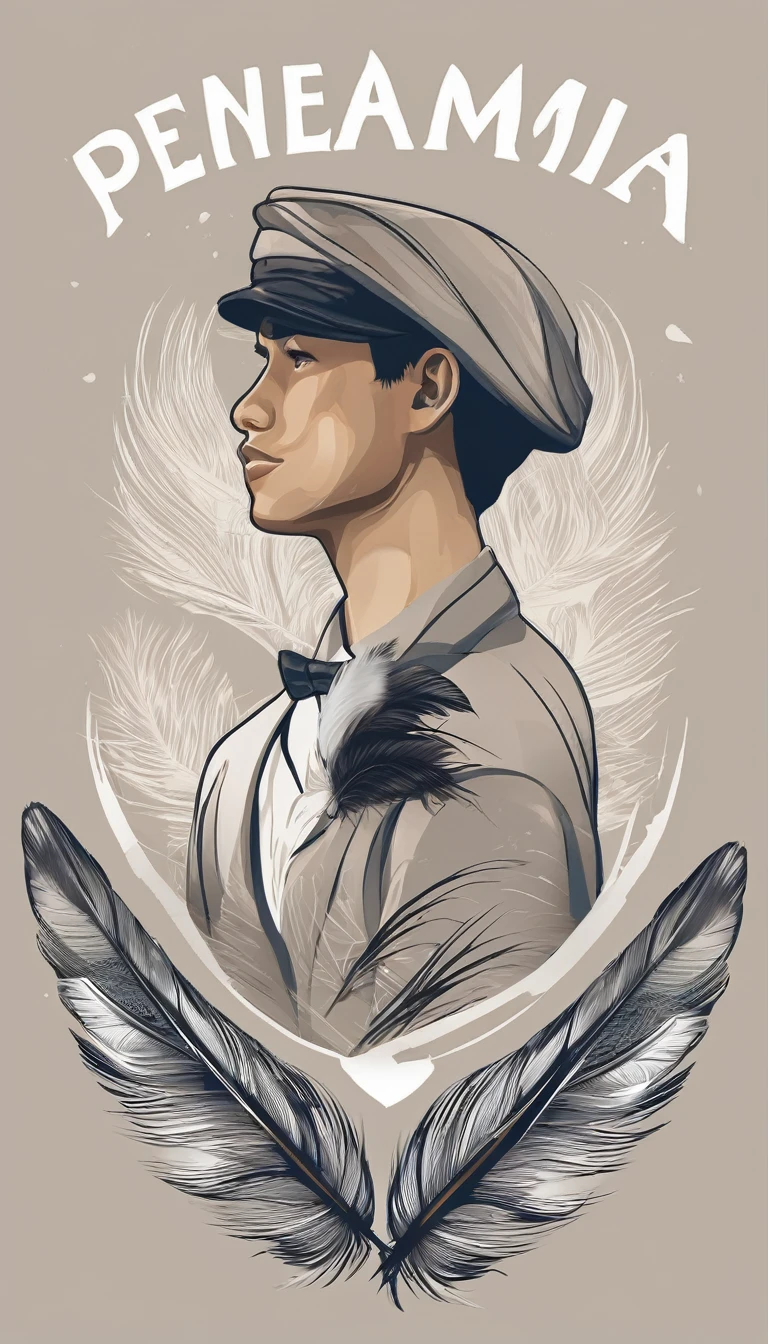 Create a minimal, modern, simple, inspirational, memorable, dream like logo design of a boy and a feather for the brand “Penamemoria".