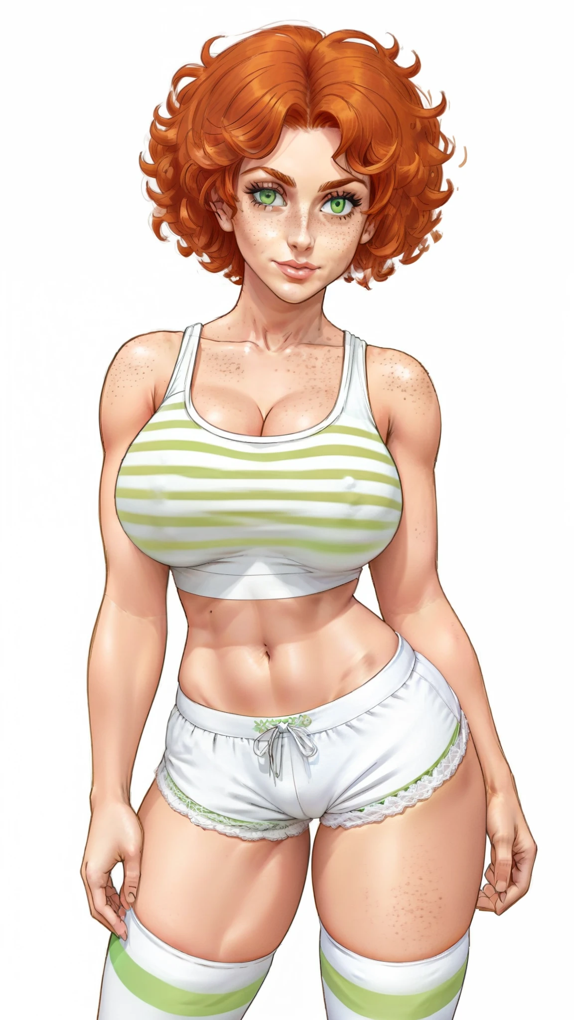 Lacy Lemon, pretty woman, curly ginger hair, midriff, white cloth hotpants,tank top, short shorts, freckles, large breasts,  rubenesque, thigh high striped socks, far shot

green eyes,

white background, blank background, 