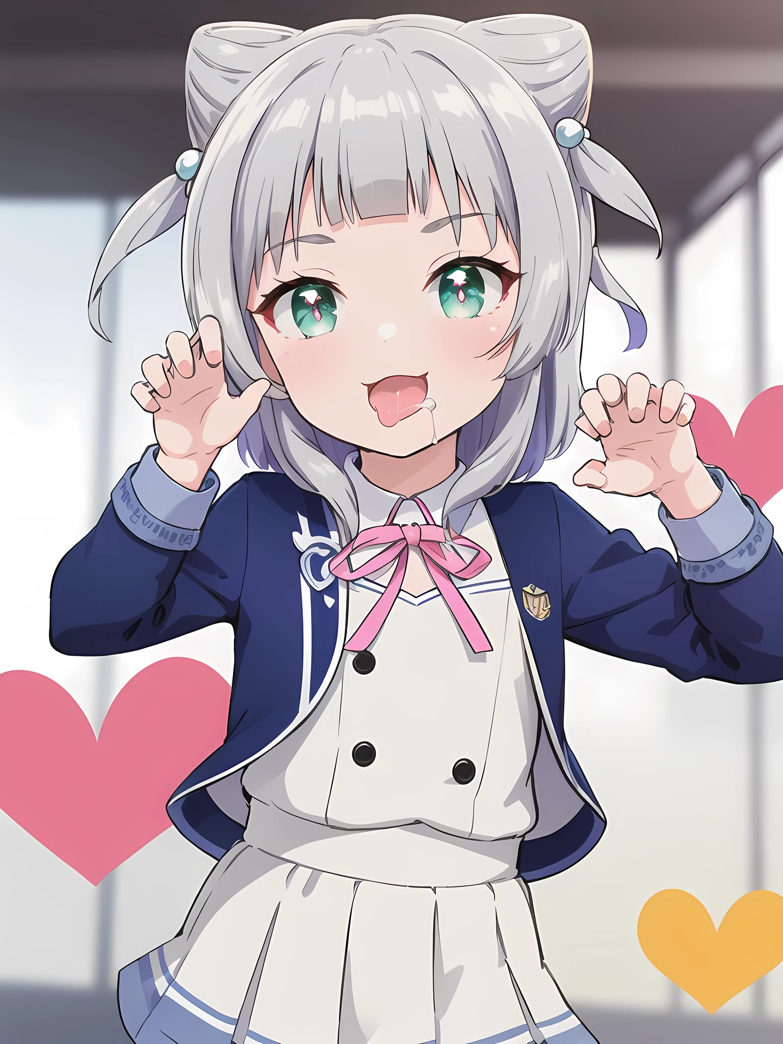 Outdoor,((the way)),, 1girl,Green Eyes, Grey Hair, hair ornaments, bangs, Virtual YouTuber,smile,heart shaped pupils, blunt bangs, Double Bang, Animal ears, Flat Chest,uniform,Navy Blue Blazer,White shirt,Pink ribbon,Grey Skirt,,(claw pose),Open your mouth wide,upper body,Dripping saliva