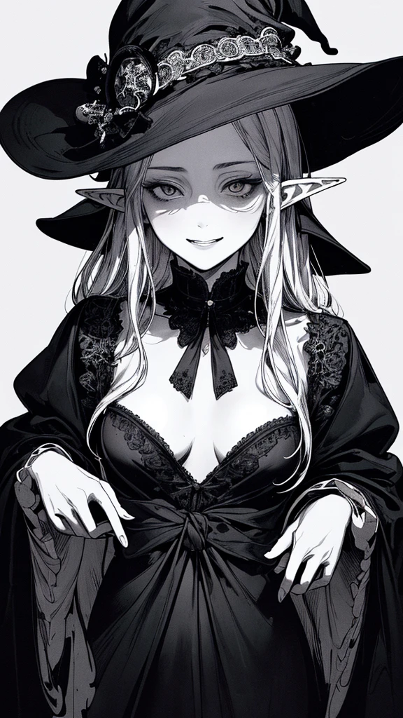 Highest quality, (Background details), High Contrast, so beautiful, Detailed original illustrations, Sensual, , witch, witch hat, Black Robe, Elf, Delicate face, charm, Spoiled brat, sexy, Real breasts, Small breasts、Crazy Smile, Crazy Eyes, Black background, (Black background: 1. 5) Beautiful line art, Monochrome