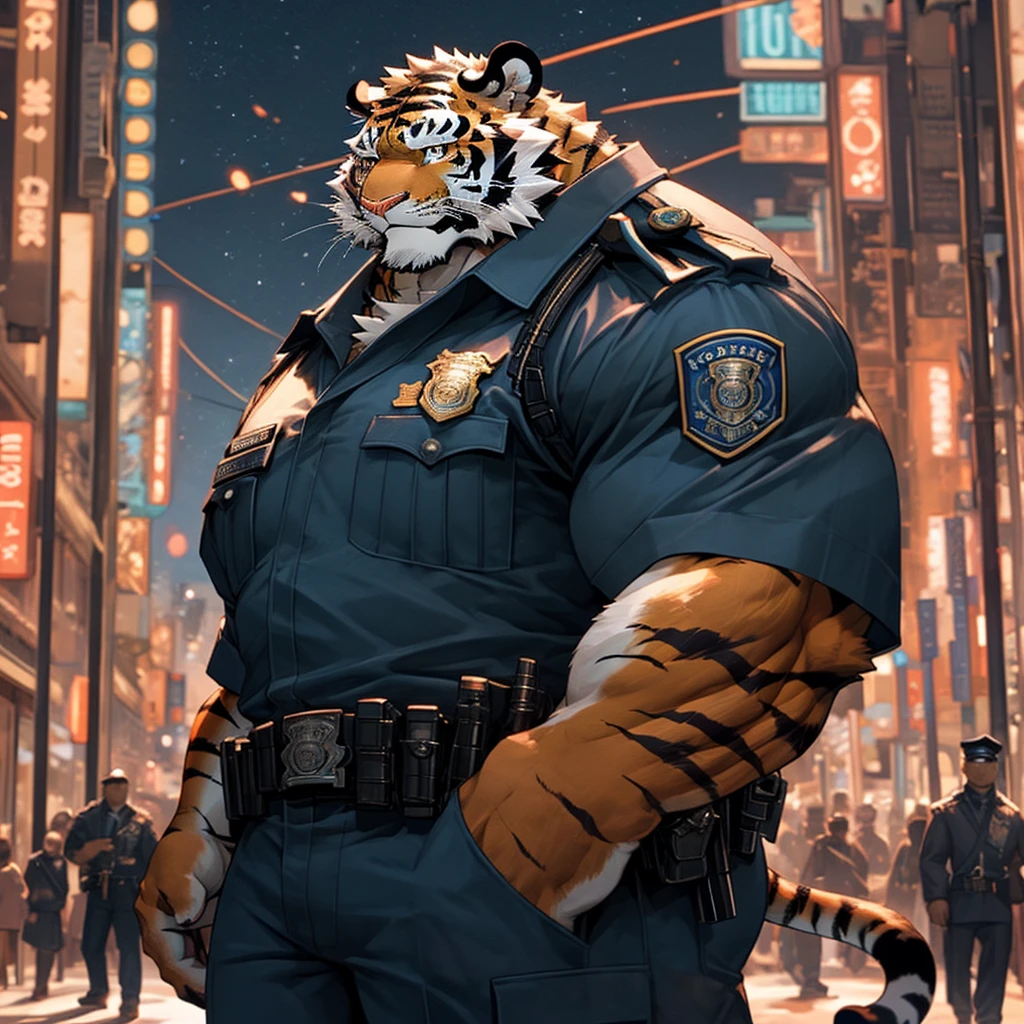 A muscular and strong police officer tiger in uniform with a bustling city center in the background. A strong tiger holding a baton