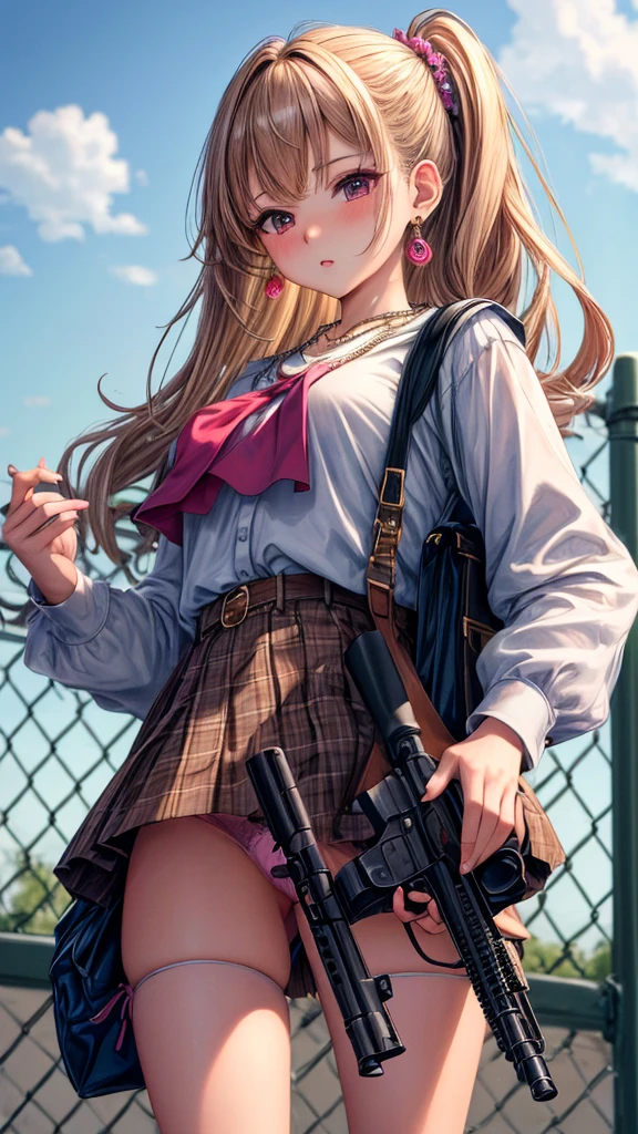 (masterpiece, highest quality, ultra high res, ultra detailed:1.3), 1 cute girl, gyaru, ideal ratio body proportions, many accessories, wrist scrunchies, brecelet, necklace, earrings, (holding rifle, looking into the gun sight, putting one foot on the fence:1.3), mini skirt, (showing off panties:1.4), cameltoe, looking down, standing on the roof, from below, hanging student bag on shoulder,