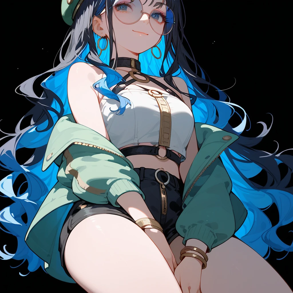 (score_9, score_8_up, score_7_up), 1girl, solo, long hair, black hair, colored inner hair, blue hair, wavy hair, eyeliner, makeup, jewelry, beret, o-ring, neck ring, black shorts, buttons, round sunglasses, bracelet, bare shoulders, green jacket, white jacket, off shoulder, zipper, from below, leaning forward, hand between thighs, thighs focus, thighs close-up, smile, closed mouth, cropped face, lower body, black background, simple background, masterpiece, 