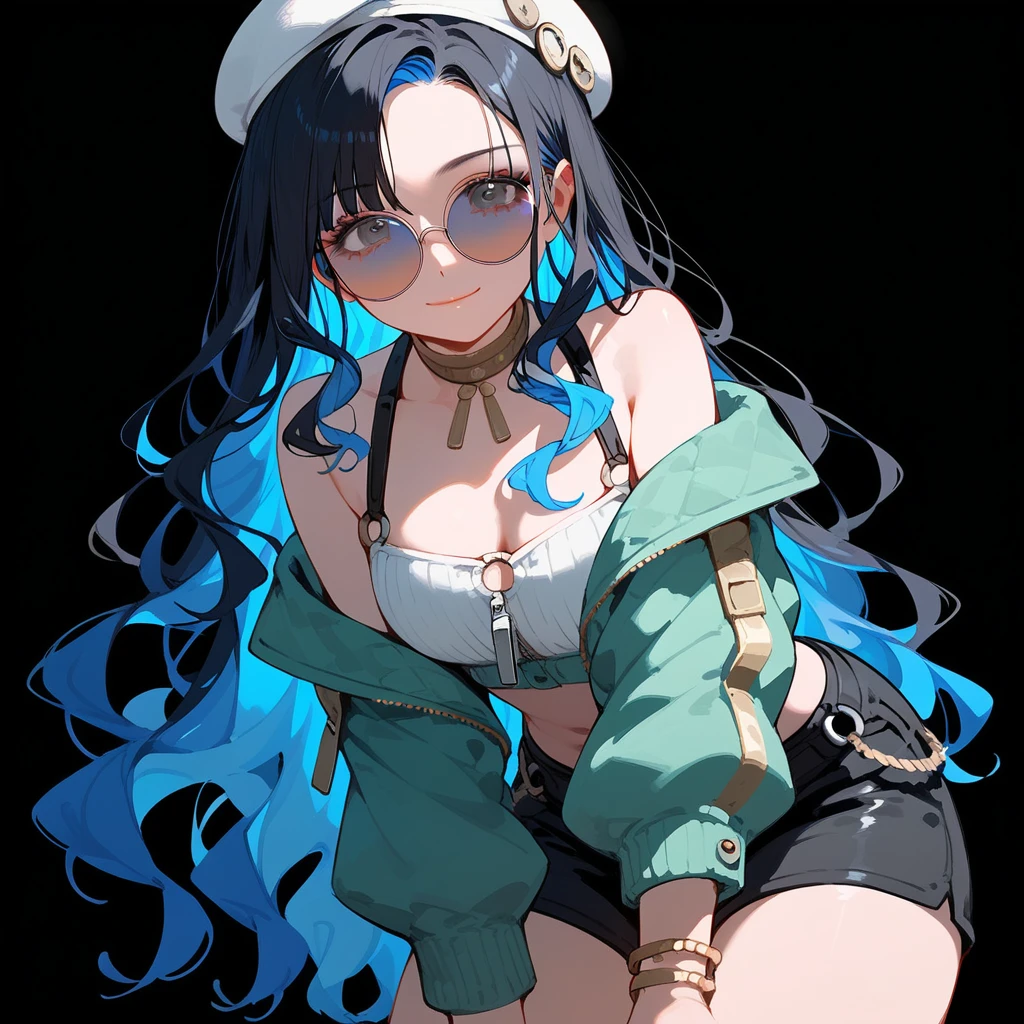 (score_9, score_8_up, score_7_up), 1girl, solo, long hair, black hair, colored inner hair, blue hair, wavy hair, eyeliner, makeup, jewelry, beret, o-ring, neck ring, black shorts, buttons, round sunglasses, bracelet, bare shoulders, green jacket, white jacket, off shoulder, zipper, from below, leaning forward, hand between thighs, thighs focus, thighs close-up, smile, closed mouth, cropped face, lower body, black background, simple background, masterpiece, 