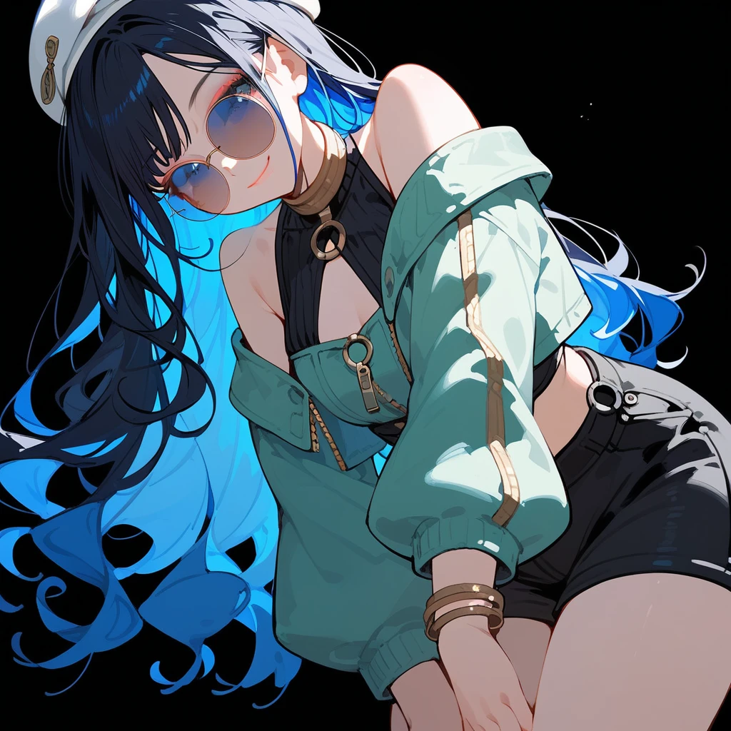 (score_9, score_8_up, score_7_up), 1girl, solo, long hair, black hair, colored inner hair, blue hair, wavy hair, eyeliner, makeup, jewelry, beret, o-ring, neck ring, black shorts, buttons, round sunglasses, bracelet, bare shoulders, green jacket, white jacket, off shoulder, zipper, from below, leaning forward, hand between thighs, thighs focus, thighs close-up, smile, closed mouth, cropped face, lower body, black background, simple background, masterpiece, 