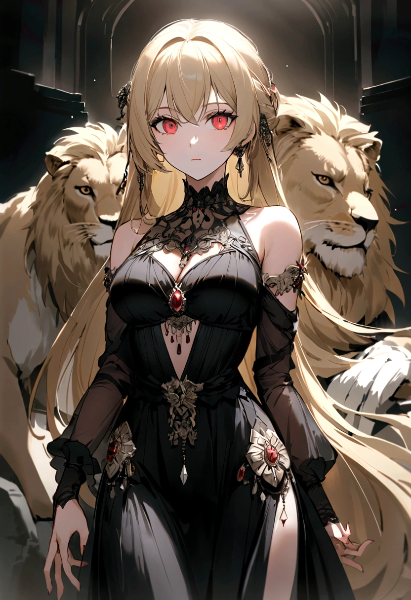 （Huang Li、high quality、Extremely detailed），Constellation - Goddess Leo，Giant lion，Woman petting a lion，Similar to Latin goodness，brave，capricious，Productivity，The face of enterprising and humanitarianism，Blonde hair，Ancient Greek costumes、Wrap Dress，The background is the ocean，Crystal red eyes（Eyes Details），Powerful appearance