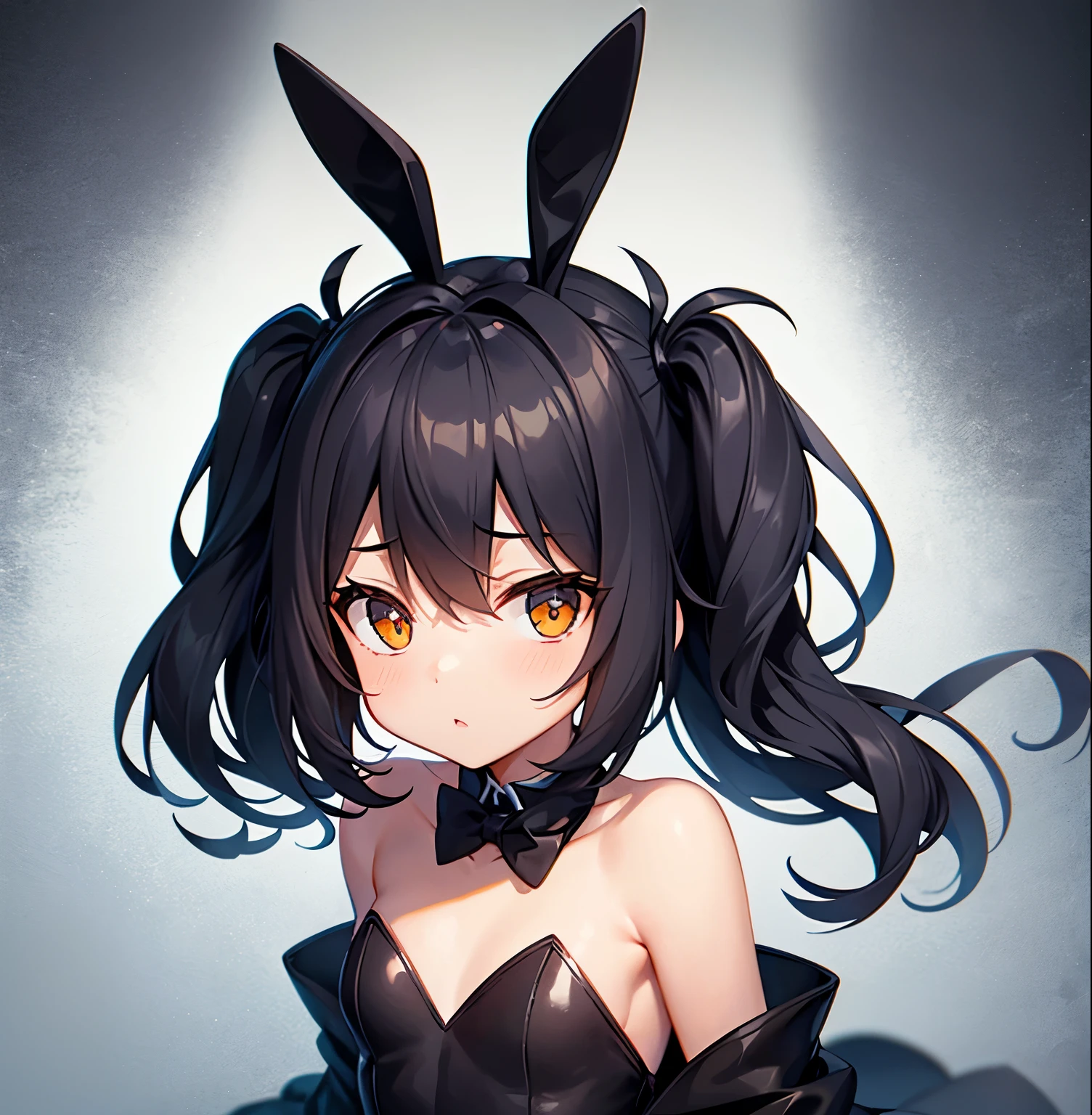 (Bunny girl),e litiny ,Small girildish face, Very fine clean face,Top quality,Black Hair,(Dark Room), Subtle light, Natural light,Soft lighting,Light from directly behind, (Are standing),With bust up,Front view,Black background