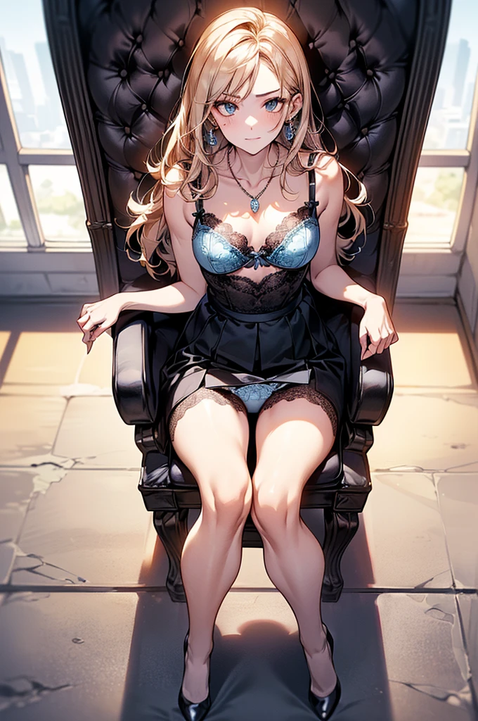 ((Biologically correct limb count)),((Natural finger shape)),((Full Body Shot,Including face)),Standing position,4K,masterpiece,((Focus on the face)),((Symmetrical facial features)),Eye for detailed depiction,Beautiful woman,Excellent style,Beautiful feet,(Small Ass,Thin thighs),(Patterned black stockings,High heels),Facial detailing,Small earrings,necklace,Low angle photo,((Light blue lace bra and lace panties,Lifting the skirt to reveal panties)),Park scenery on a holiday morning,Strong sunlight,(((A facial expression of pleasure))),(((Lean your body back and sit on the ground))),((Hands lifting from under your chest)),(Face the camera),Photograph the side of the body,focus on the crotch,Long Hair