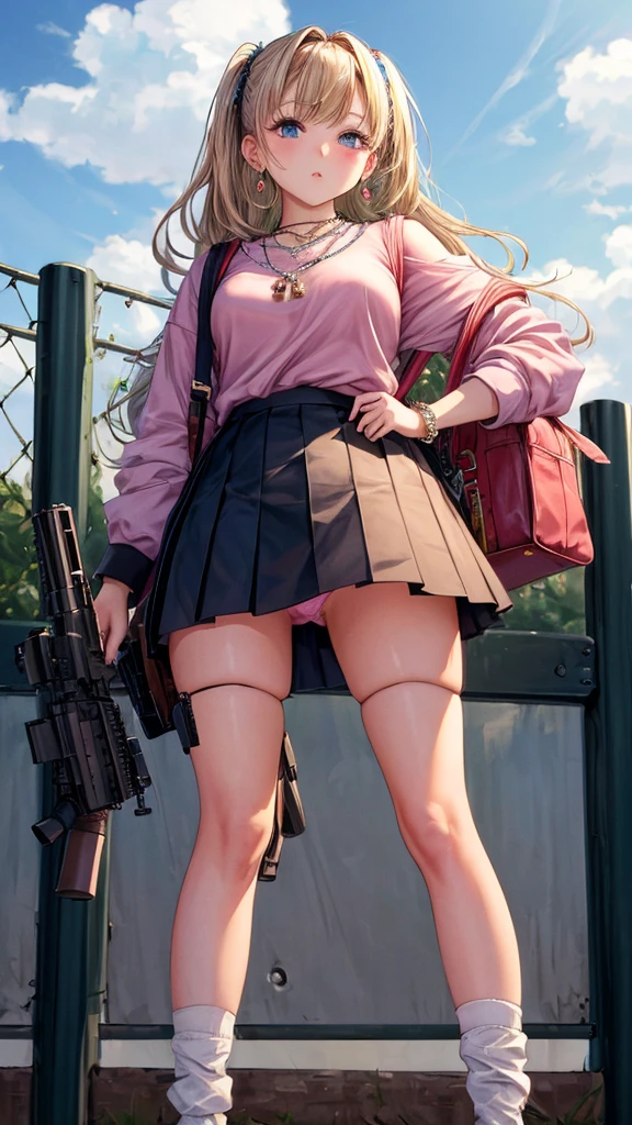 (masterpiece, highest quality, ultra high res, ultra detailed:1.3), 1 cute girl, gyaru, ideal ratio body proportions, many accessories, wrist scrunchies, brecelet, necklace, earrings, (holding rifle, looking into the gun sight, putting one foot on the fence:1.3), mini skirt, (showing off panties:1.4), cameltoe, looking down, standing on the roof, from below, hanging student bag on shoulder,