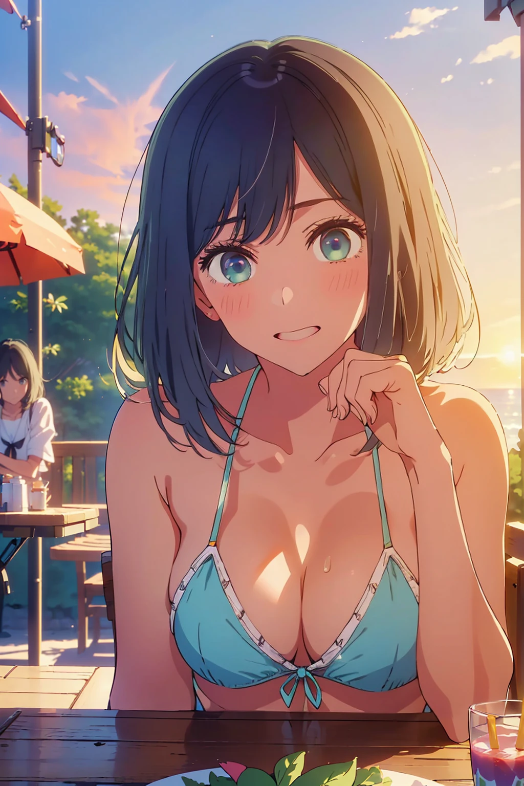 (Highest quality:1.4、masterpiece:1.4、Super detailed:1.4、8K:1.4)、Slim body、((((1 person、Surprised expression、sit、Outdoor café terrace、coastal、juice、table、Sandy Beach、bikini、juiceのグラスを持つ、Big eyes、Shallow depth of field、Very cute face))))、(((sunset、Sunset)))、(((bikiniサイズは小さい)))、F cup bust、Big Breasts、Get up close and take a photo