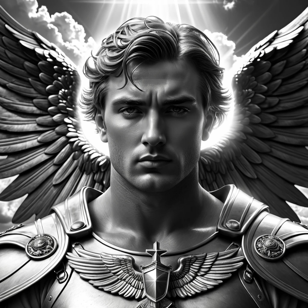 archangel, religious, surrealistic, thinking, Surrealism, Social realism, cinematic lighting, god rays, ray tracing, blending, multiple monochrome, masterpiece, high details, award winning, 8k, highres, best quality, strong man, the sky is like trembling, highly detailed face, perfect well drawn face, universal facial features, full body, short hair like soldier