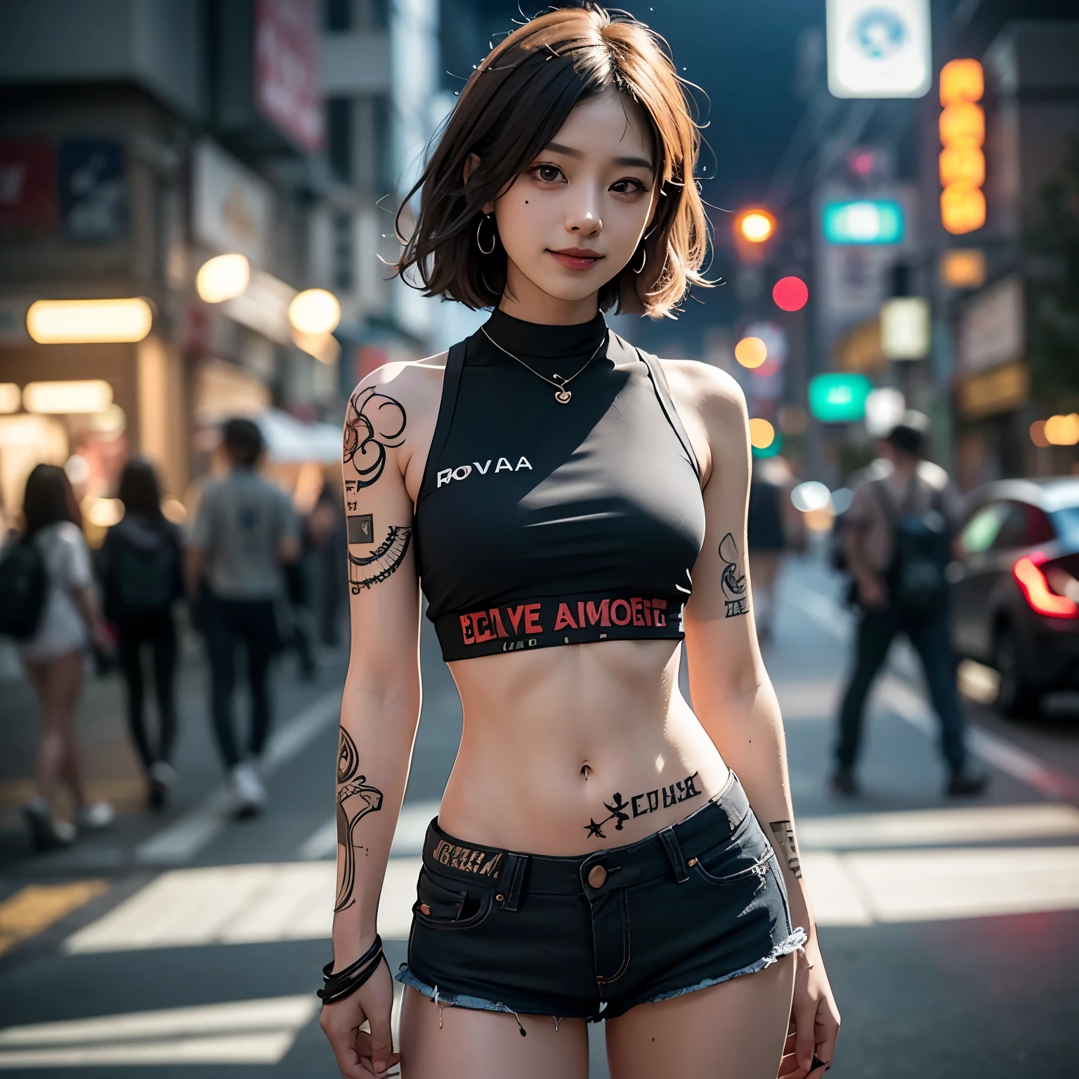 (night, Soft lighting, Highest quality, 8K, masterpiece, RAW Photos: 1.3) close-up portrait of woman with tattoo arms and top, ((tattoo body young girl, ink, tattoo, tattoo body:1.2)), 2 4--old female model, (black short t-shirt and mini skirt slit,) light brown hair, neckless, body piercing, short bob hairstyle, Half naked, Disheveled clothing, tattoo, Wearing a sexy crop top, Sexy girl in shorts, Tight waist, beautiful abdomen, ever small midriff, Very detailed, Intricate details, Very detailed face and skin, Under boob, The body is slim, Fine grain, Realistic, compensate, intellectual, Fascinating, Beautiful standing posture, small, in city, Invincible Smile, full body  