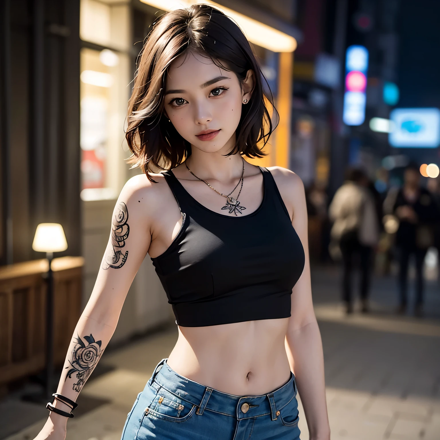 (night, Soft lighting, Highest quality, 8K, masterpiece, RAW Photos: 1.3) close-up portrait of woman with tattoo arms and top, 8tattoo body young girl, ink, tattoo, tattoo body:1.2), 2 4-year-old female model, black short t-shirt and mini skirt slit, light brown hair, neckless, body piercing, short bob hairstyle, Half naked, Disheveled clothing, tattoo, Wearing a sexy crop top, Sexy girl in shorts, Tight waist, beautiful abdomen, ever small midriff, Very detailed, Intricate details, Very detailed face and skin, Under boob, The body is slim, Fine grain, Realistic, compensate, intellectual, Fascinating, Beautiful standing posture, small, in city, Invincible Smile, full body