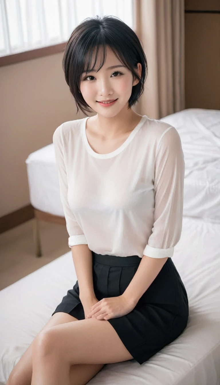 Women, Asian, sitting on a bed, with short hair up, Abella black color, Well defined face, (whole body) big breasts, beautiful figure, a black shirt, bare legs, black panties, showing her bare feet, (soles), while smiling sarcastically.