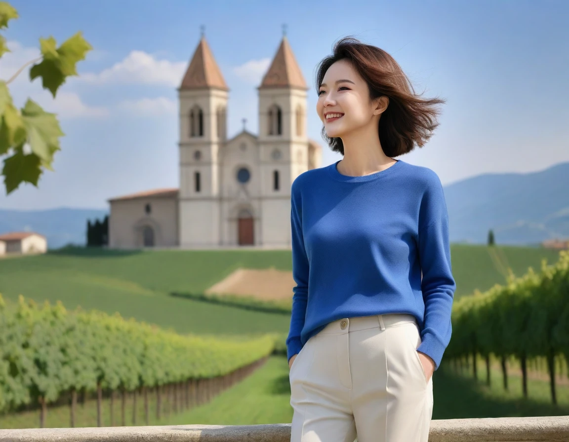 k Best picture quality, Beautiful 36-year-old Korean woman, short and good weather. Chest size 34 inches, View of a cathedral next to a vineyard in the Italian countryside, Back background realistic and vivid image quality, Short and medium hair blowing in the wind, Wearing high-end luxury brand casual jumpers and pants, smile slightly. The background is clear